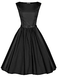 お買い得  -女性用 プラスサイズ パーティー ヴィンテージ コットン スウィング ドレス ソリッド 膝丈 ボートネック ブラック
