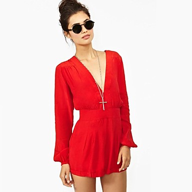 Women's Solid Black/Red Blouse , Deep V Long Sleeve 1062950 2018 – $31.48