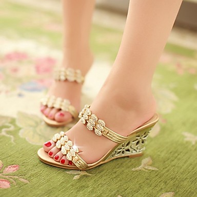 Leather Women's Wedge Heel Slide Slippers with Rhinestone Shoes(More ...