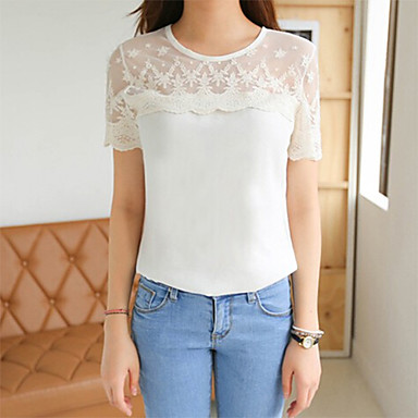 Women's Solid White T-shirt , Round Neck Short Sleeve Lace 3705835 2018 ...