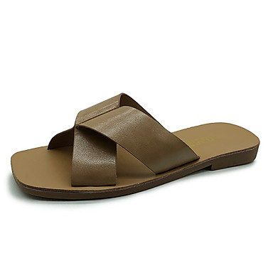 Women's Shoes PU(Polyurethane) Summer Comfort Slippers & Flip-Flops Flat Heel Square Toe White / Black / Brown Women's Shoes PU(Polyurethane) Summer Comfort Slippers & Flip-Flops Flat Heel Square Toe White / Black / Brown