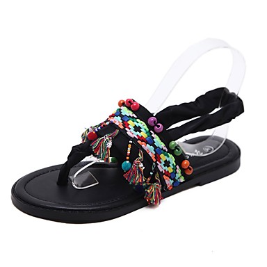 Women's Shoes Elastic Satin Summer Gladiator Sandals Flat Heel Round Toe Tassel Black Women's Shoes Elastic Satin Summer Gladiator Sandals Flat Heel Round Toe Tassel Black