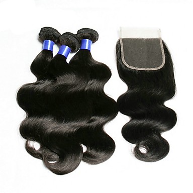 3 Bundles With Closure Brazilian Hair Wavy Human Hair Natural