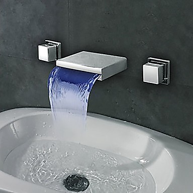 122 65 Bathroom Sink Faucet Waterfall Led Chrome Wall Mounted Two Handles Three Holesbath Taps