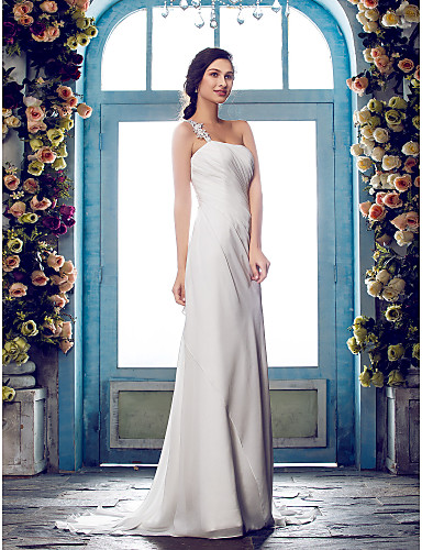 Sheath Column One Shoulder Sweep Brush Train Chiffon Custom Wedding Dresses With Beading 