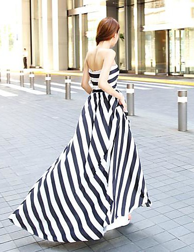 Cute A Line Swing Maxi Dress, Striped Pleated Strapless Sleeveless ...