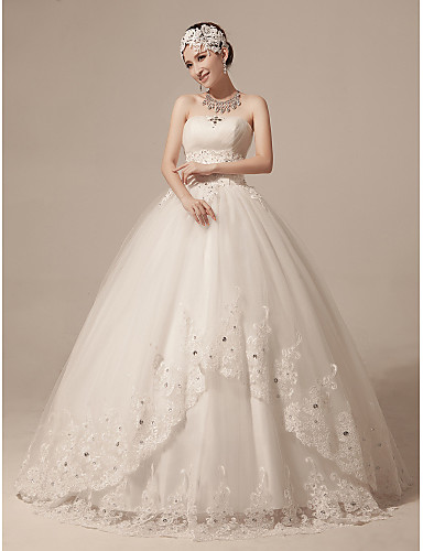 Ball Gown Strapless Floor Length Tulle Custom Wedding Dresses with ...