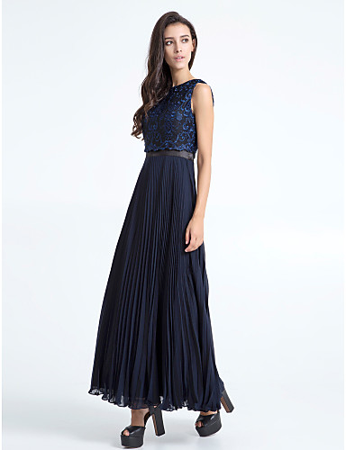 Sheath / Column Jewel Neck Ankle Length Chiffon Lace Bridesmaid Dress ...