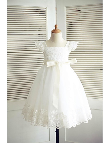 A-line Knee-length Flower Girl Dress - Lace / Tulle Short Sleeve Square ...