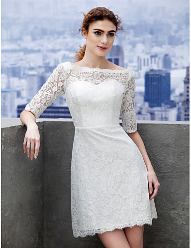 Sheath / Column Illusion Neckline Short / Mini Lace Wedding Dress with ...