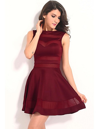 A Line Skater Dress - Solid, Pleated Mesh Crew Neck 1263579 2018 – $15.11