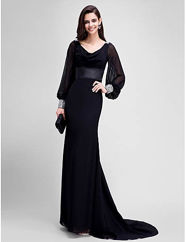 Draped Neckline with Sleeves Long Formal Dresses
